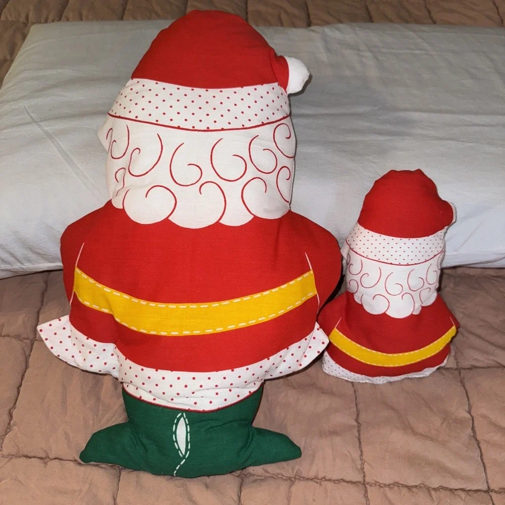 2 Vtg Fabric Handmade Stuffed Santa Pillows For Chair Or Shelf